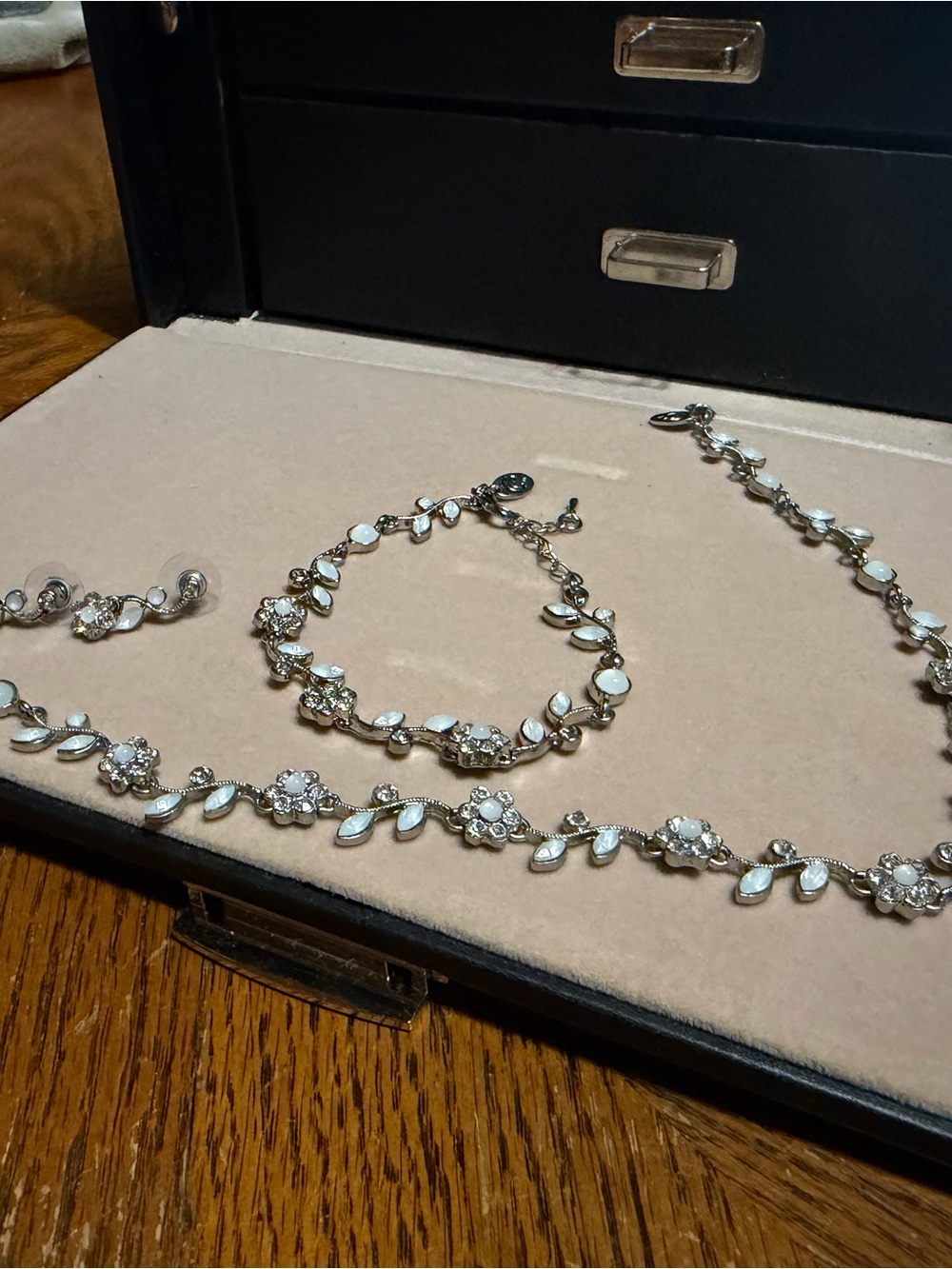 Silver Floral Crystal and White Enamel Bracelet Set